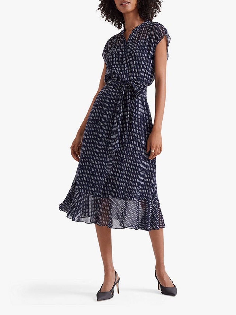 Club Monaco Navy Printed Tie-Waist Silk Midi Dress